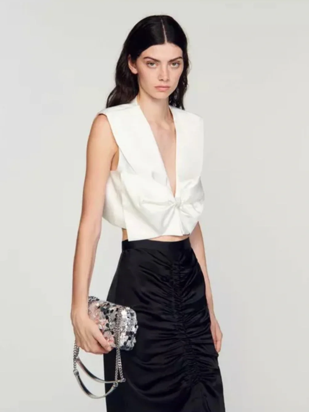 SANDRO Silver Sequin Chain Shoulderw Bag - Elegant Evening Crossbody